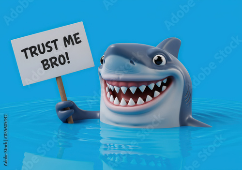 Untrustworthy Loan shark moneylender holding a sign that reads 'Trust me Bro' - isolated on blue 3D cartoon