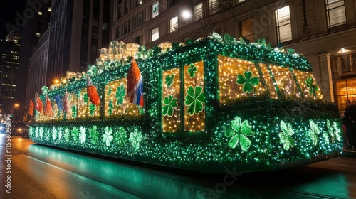 St. Patricks Day parade float decorated with lights and shamrocks in a busy c...