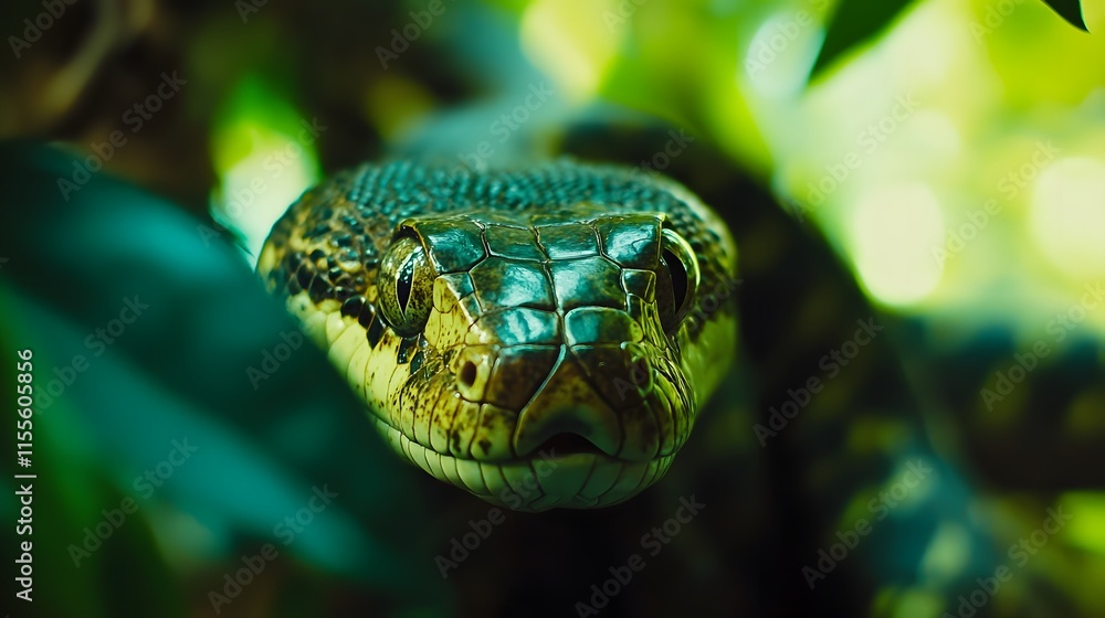 Macro shot of a reptile in high contrast against the vibrant green foliage Macro shot of a reptile in high contrast against the vibrant green foliage