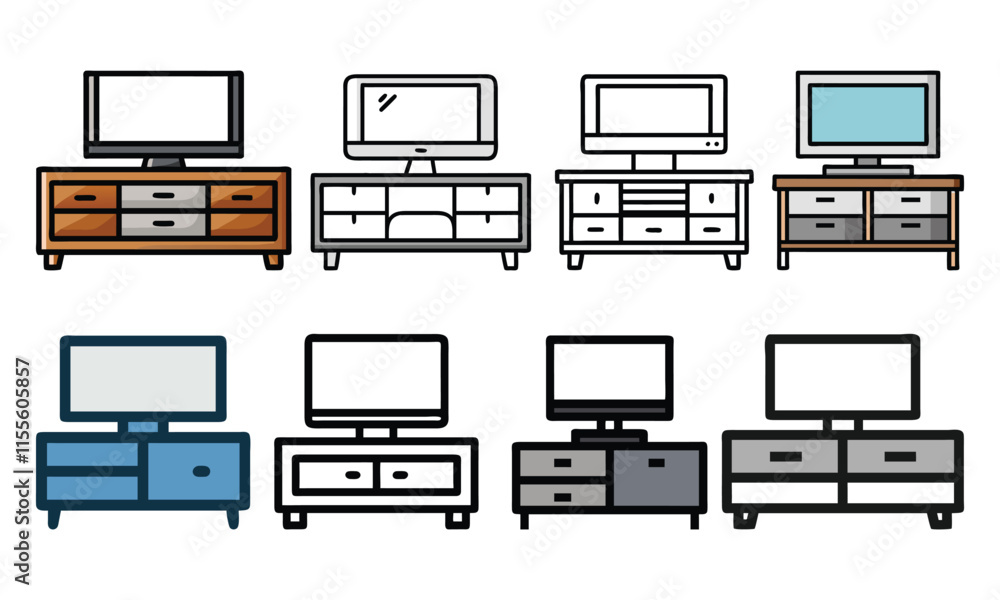 TV Stand and Media Console Icon Set, A set of eight vector icons showcasing TV stands and media consoles in colorful and outline styles, ideal for furniture and entertainment setups.
TV Stand and Media Console Icon Set, A set of eight vector icons showcasing TV stands and media consoles in colorful and outline styles, ideal for furniture and entertainment setups.