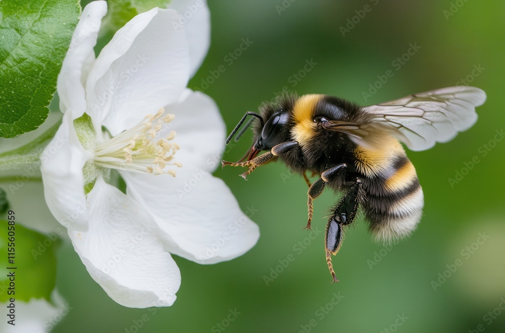 Close-Up View of Bumblebee in Flight Approaching Beautiful White Blossom in Garden, Capturing Nature's Intricate Details and Vibrant Colors in Springtime Close-Up View of Bumblebee in Flight Approaching Beautiful White Blossom in Garden, Capturing Nature's Intricate Details and Vibrant Colors in Springtime
