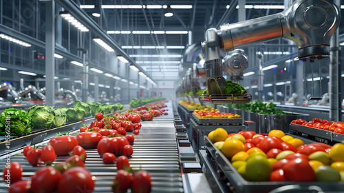 bustling food processing factory with robotic assembly lines and fresh produce
