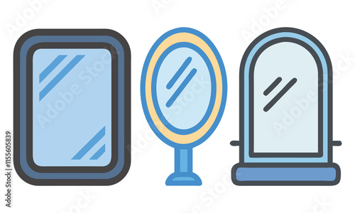 Wallpaper Mural Mirror Icon Set with Different Shapes, A collection of three vector icons featuring mirrors in rectangular, oval, and arched designs, perfect for home decor and interior projects.  
 Torontodigital.ca