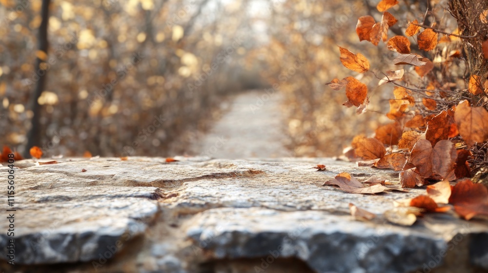 Stone wall with autumn leaves and blurred path background. Stone wall with autumn leaves and blurred path background.