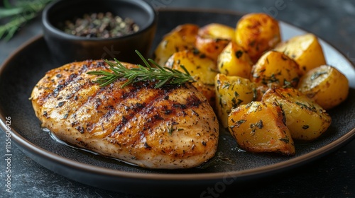 Grilled chicken breast with roasted vegetables on a rustic plate