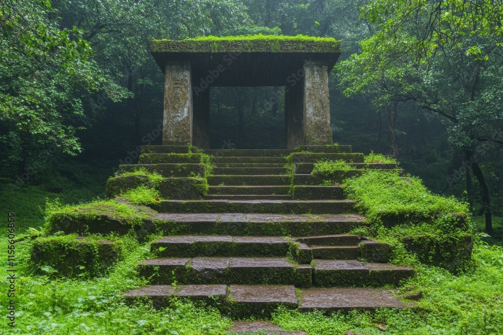 A shadowy Cambodian jungle scene with ancient temple ruins covered in mist, glowing faintly under a dim moonlight A shadowy Cambodian jungle scene with ancient temple ruins covered in mist, glowing faintly under a dim moonlight