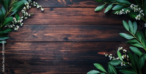 Dark wood background with green leaves and white flowers in corners.
