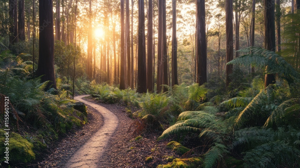 Fototapeta premium Sunlit path winding through lush forest with tall trees and ferns at sunset.