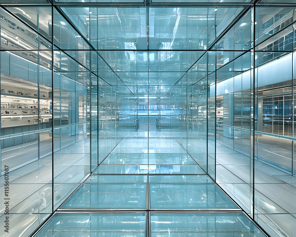 Modern glass architecture interior, minimalist design, transparent walls and floors, geometric shapes, spacious showroom, contemporary building. Modern glass architecture interior, minimalist design, transparent walls and floors, geometric shapes, spacious showroom, contemporary building.