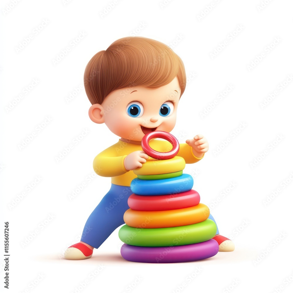 A baby playing with a stack of colorful rings. vector style art 3d illustration Isolated on White Background A baby playing with a stack of colorful rings. vector style art 3d illustration Isolated on White Background