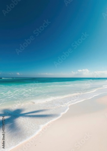 Fototapeta Naklejka Na Ścianę i Meble -  Beach Wallpaper of The tropical white sand beach with aqua waves and coconut palm tree as shadow on blue background beach wallpaper Ultra realistic Photorealistic 