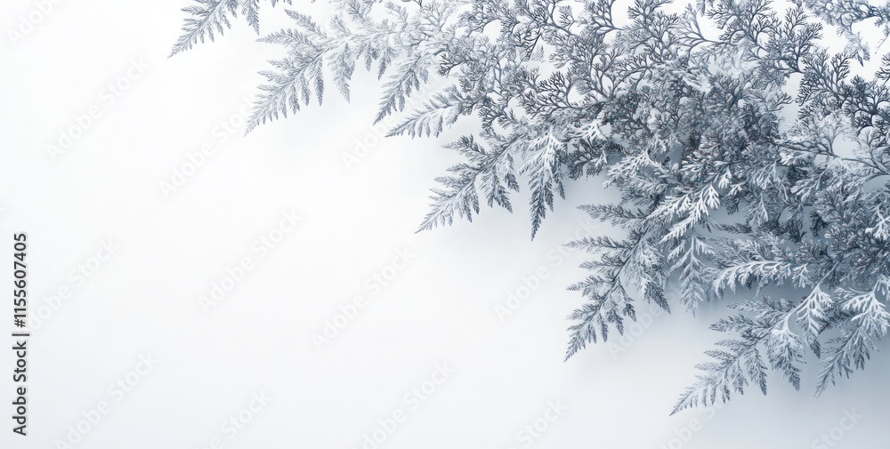 Obraz premium Frosty fern branches on white background, winter design.