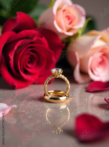 Beauty of gold ring and rose wedding celebration, jewelry with romantic flowers, luxurious table background, love and romance on beautiful anniversary and valentine's day new image 