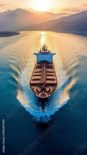 Cargo ship navigating through calm waters at sunset near coastal mountains