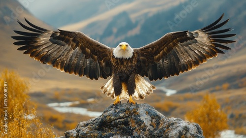 Majestic bald eagle perched on a rock with wings spread wide in a mountainous landscape