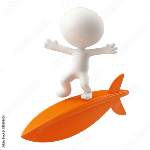 Surfer character riding orange rocket imaginative environment 3d animation playful viewpoint photo