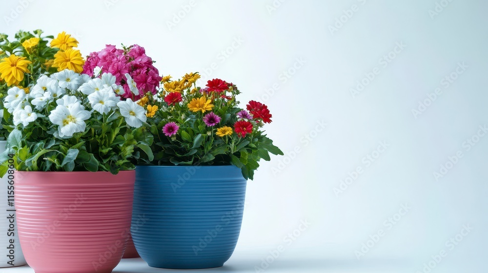Colorful potted flowers on white background. Colorful potted flowers on white background.