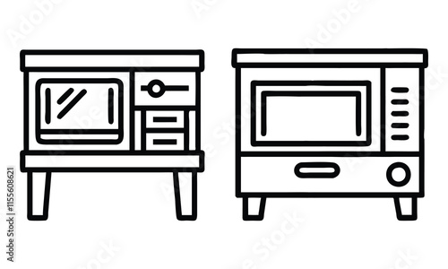 Microwave Oven Outline Icon Set, A pair of outline icons depicting microwave ovens with simple designs, perfect for kitchen, appliance, and home decor visuals.
