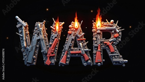 Word War spelled with weapons, cannons, and rockets. Depicts fear, destruction, and suffering caused by armed conflict