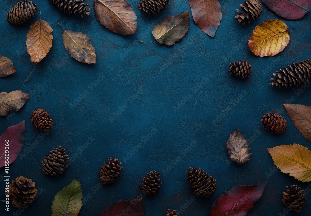 Colorful Autumn Leaves and Pine Cones Arranged on Dark Blue Background Creating a Natural and Rustic Still Life Composition for Seasonal Decor Colorful Autumn Leaves and Pine Cones Arranged on Dark Blue Background Creating a Natural and Rustic Still Life Composition for Seasonal Decor