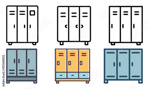 Locker Storage Icon Set in Multiple Styles, A set of six locker storage icons in colorful and outline styles, showcasing various designs, perfect for school, gym, office, or organizational visuals.
