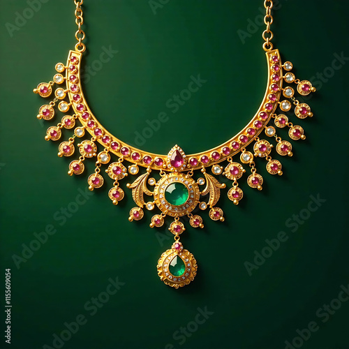Elegant traditional gold jewelry with intricate designs and embedded gemstones on a green background. new image 
