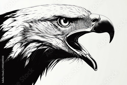 Close-up profile of a majestic eagle's head with open beak, rendered in detailed black and white ink drawing style. photo