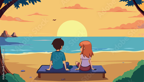 Couple enjoying romantic golden sunset at the beach