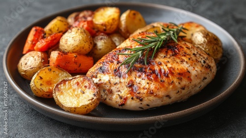 Grilled chicken breast with roasted vegetables on a rustic plate