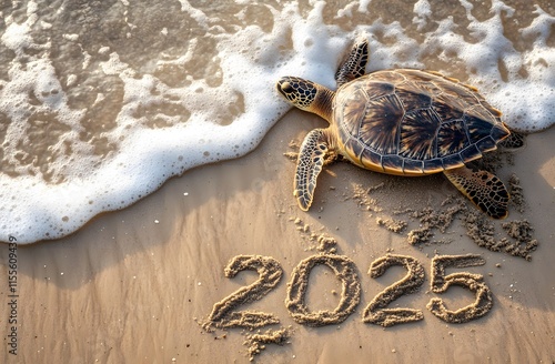 Sea Turtle on Sand with 2025 Beach Vibes photo