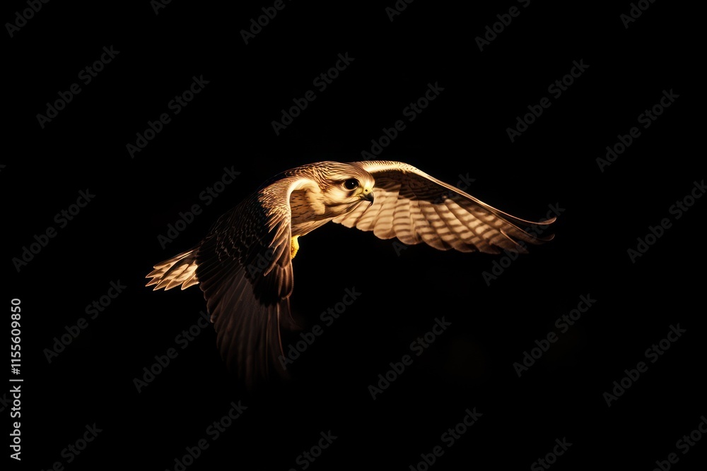 Fototapeta premium A peregrine falcon in flight against a black background, illuminated by a light source.
