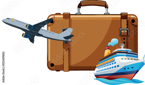 Airplane flying over suitcase with cruise ship leaving for vacation