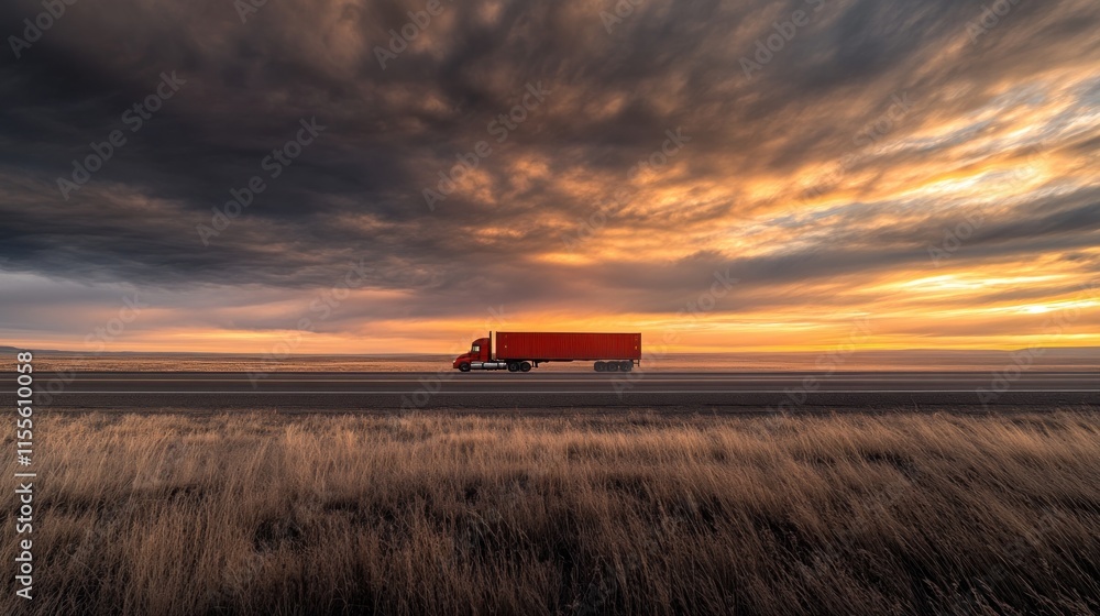 Red semi-truck drives on highway at sunset, dramatic sky. Red semi-truck drives on highway at sunset, dramatic sky.