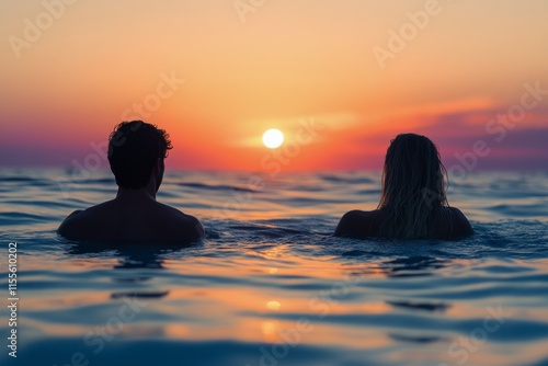 Friends enjoy sunset while swimming in calm ocean waters during warm evening ...