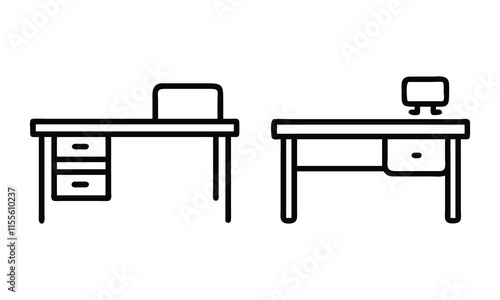 Minimalist Office Desk Outline Icons, A pair of minimalist outline icons featuring office desks with drawers and computer setups, ideal for workplace, productivity, or interior design visuals.

