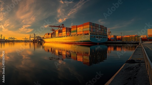 Wallpaper Mural Cargo ship at sunset, docked at a bustling port, reflecting in calm water. Torontodigital.ca