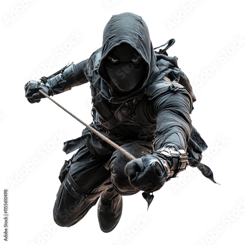 Ninja action pose urban rooftop digital art dynamic environment close-up view stealth concept photo