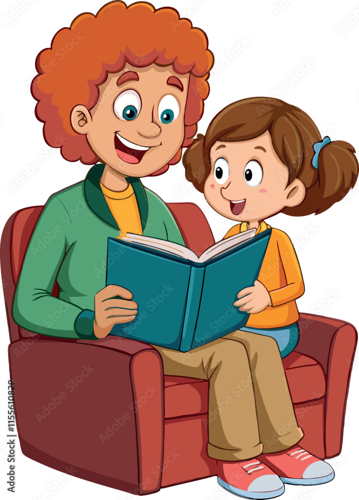 Father reading a book with his daughter on an armchair Father reading a book with his daughter on an armchair