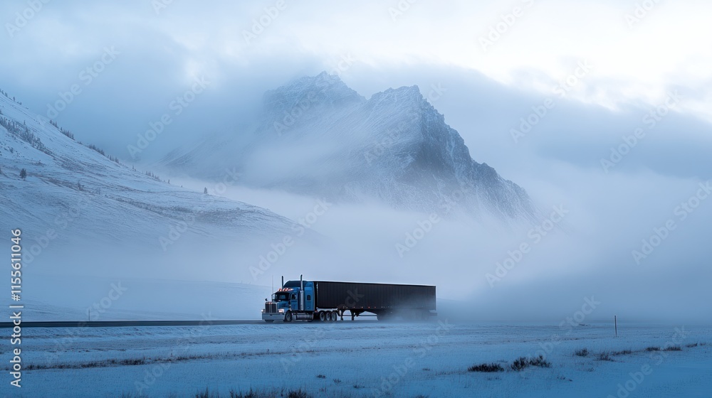 Semi-truck driving on snowy road in mountainous winter landscape. Semi-truck driving on snowy road in mountainous winter landscape.