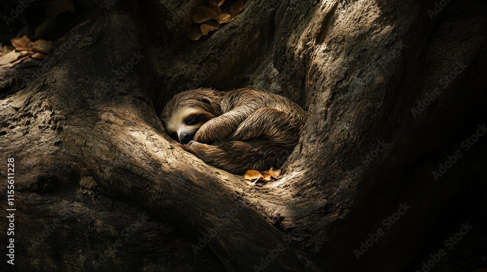 Obraz premium Sloth sleeping peacefully in a tree hollow.