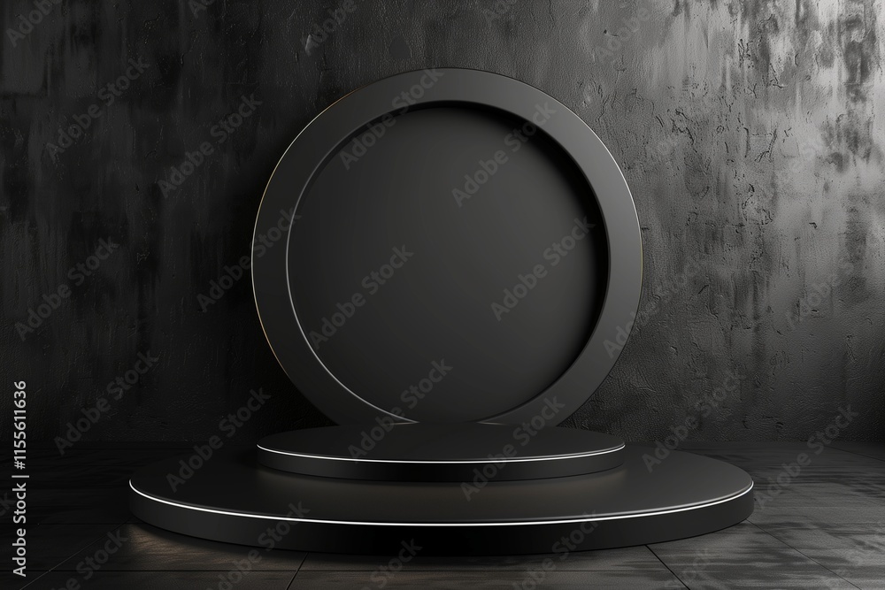 3D rendering of black background featuring modern, geometric product podium stand. 3D rendering of black background featuring modern, geometric product podium stand.