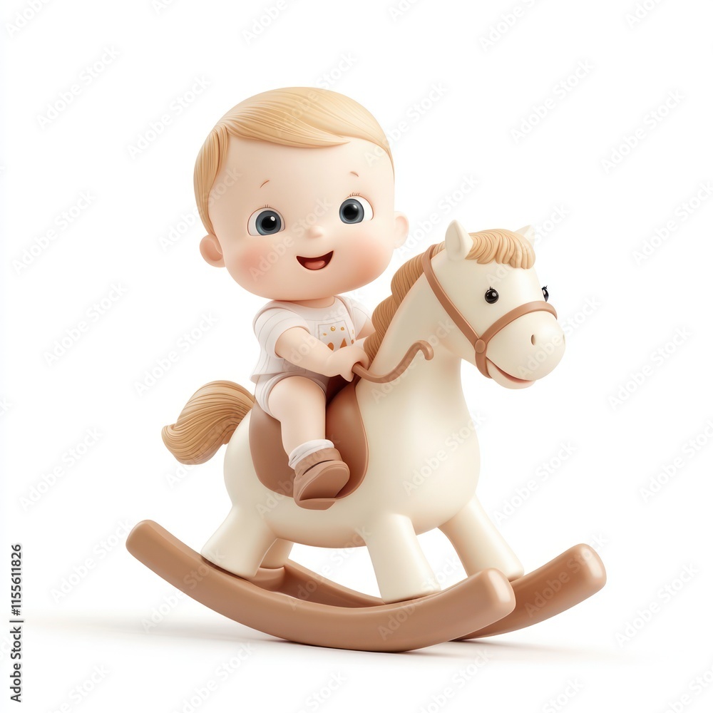 A baby riding a rocking horse. vector style art 3d illustration Isolated on White Background A baby riding a rocking horse. vector style art 3d illustration Isolated on White Background