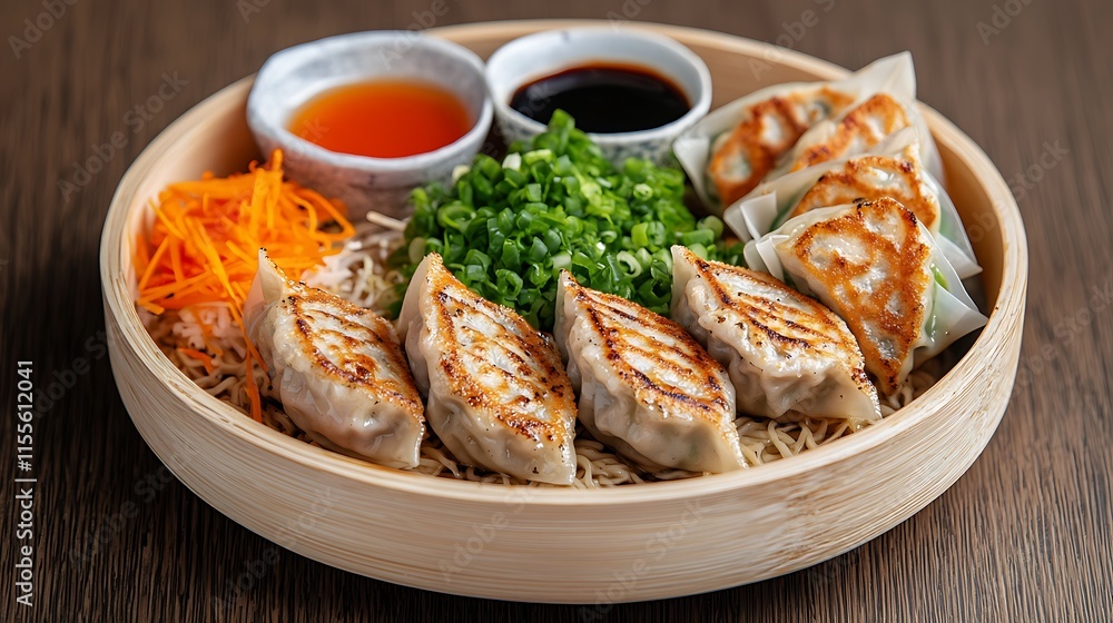 Pan-fried dumplings served with noodles, shredded carrots, scallions, and two dipping sauces on a wooden plate. Pan-fried dumplings served with noodles, shredded carrots, scallions, and two dipping sauces on a wooden plate.