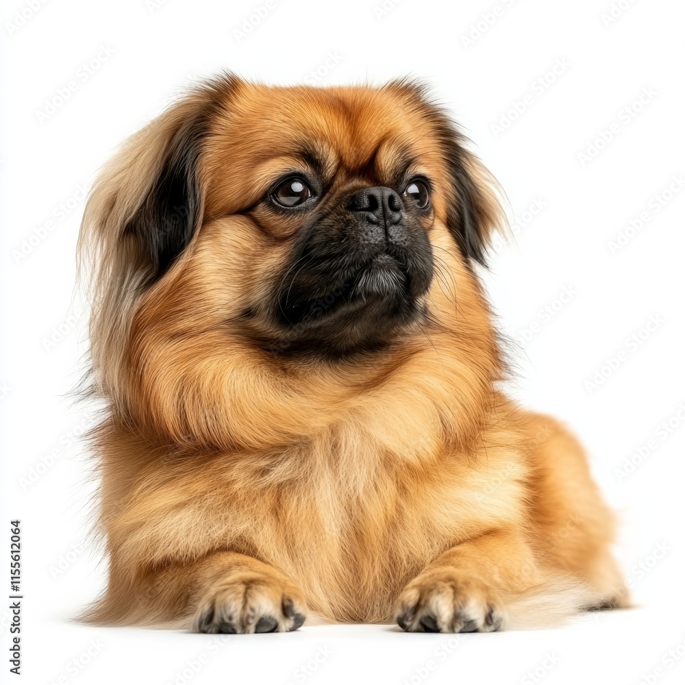 Fluffy pekingese dog posing on white background with alert expression Fluffy pekingese dog posing on white background with alert expression