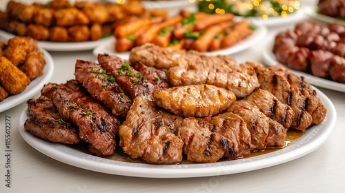 Grilled meat platter with various cuts of beef and pork, served on a white platter.  Surrounding plates show additional appetizers. photo