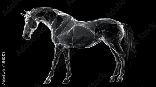 A hologram of a horse. A horse made of polygons, triangles of points and lines. Horse is a low-poly compound structure. Technology concept vector.