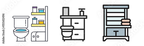 Bathroom Essentials Icon Set in Vector Design, A collection of bathroom essentials vector icons featuring a toilet, shelves with toiletries, and a vanity unit, perfect for home or decor themes.
