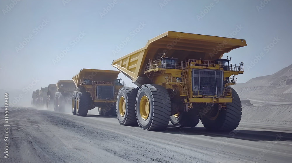 Obraz premium Large yellow trucks lined up at open-pit mining site with dramatic background