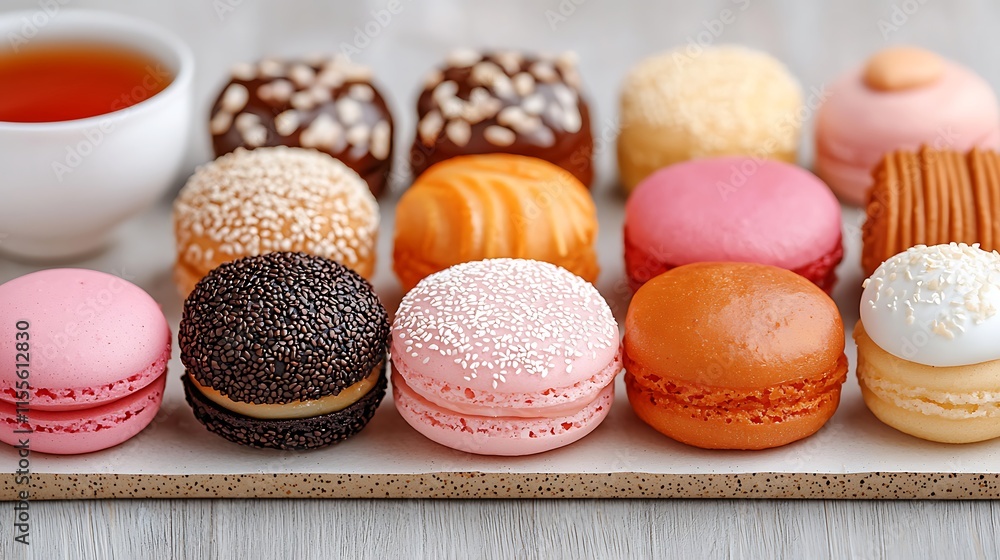 Colorful macarons arranged on a tray with a cup of tea. Colorful macarons arranged on a tray with a cup of tea.