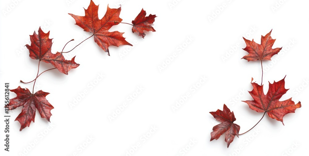 Red maple leaves arranged on white background, autumn foliage frame. Red maple leaves arranged on white background, autumn foliage frame.